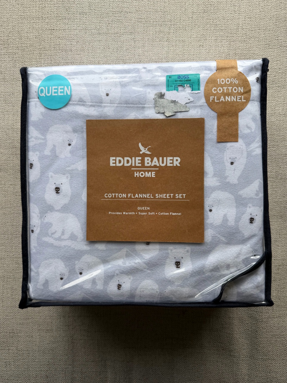 Eddie Bauer Light Gray and White Polar Bear Flannel Sheet Set New